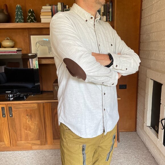 J. Crew Other - J Crew Shirt Men Large Light Gray Flannel Leather Elbow Patches